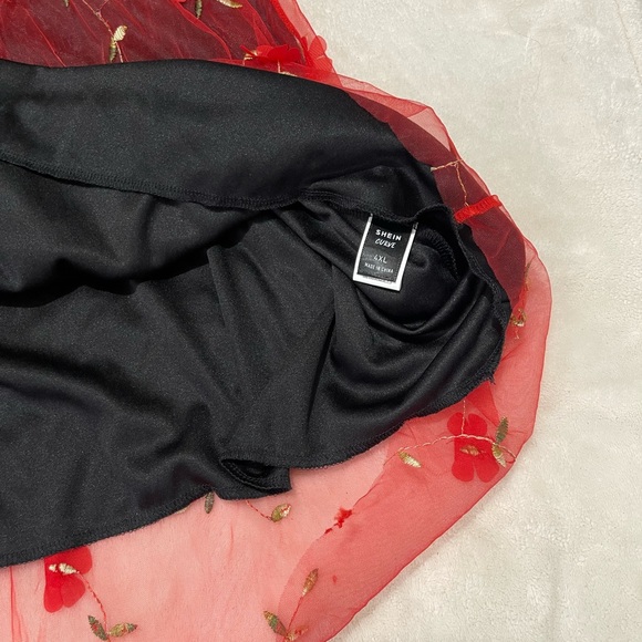 SHEIN Red Embroidered Mesh Bardot Dress - Picture 5 of 5